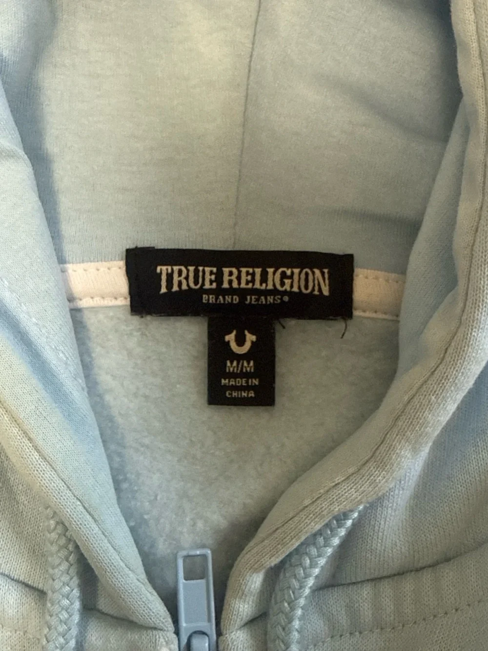 True Religion Pale Blue Zip Hoodie with White Logo Trim